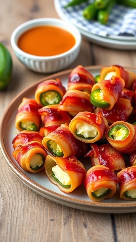 A plate of spicy jalapeño bacon-wrapped bites, crispy bacon and creamy cheese filling, served with dipping sauce.